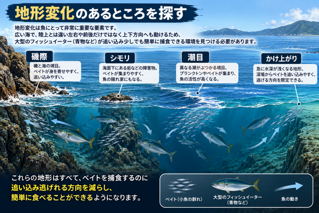 地形変化のある場所を狙うことでショアジギングでの釣果を得やすい