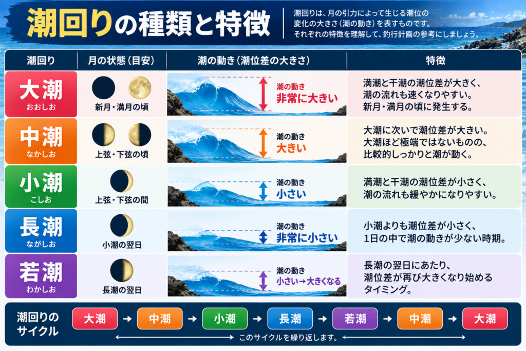 ショアジギングにおいて重要な潮の動き方について表にしてまとめたもの